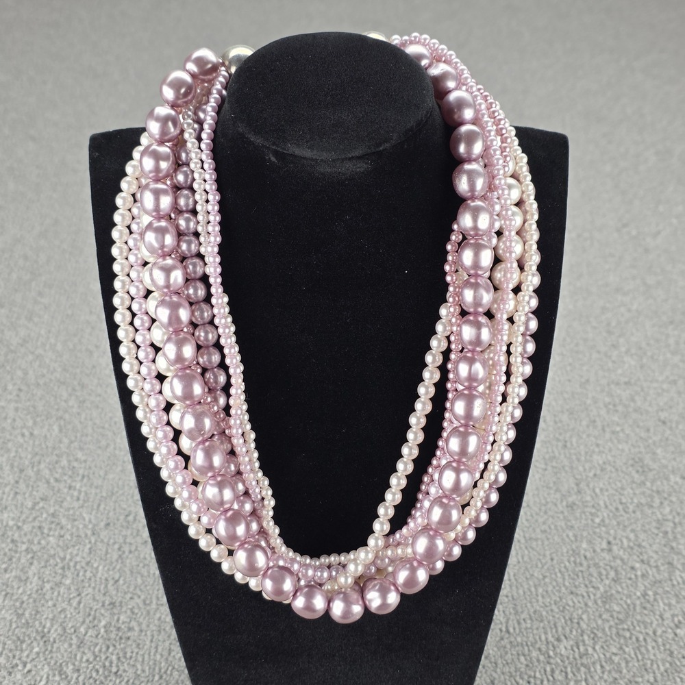 Pink Cream Faux Pearl Multi Strand Statement Necklace 18 Inch Silver Tone Clasp